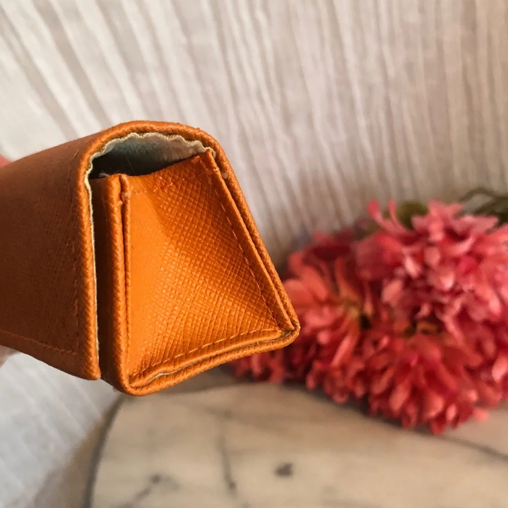 TORY BURCH orange leather eye glasses case triangle snap close gold Miller logo